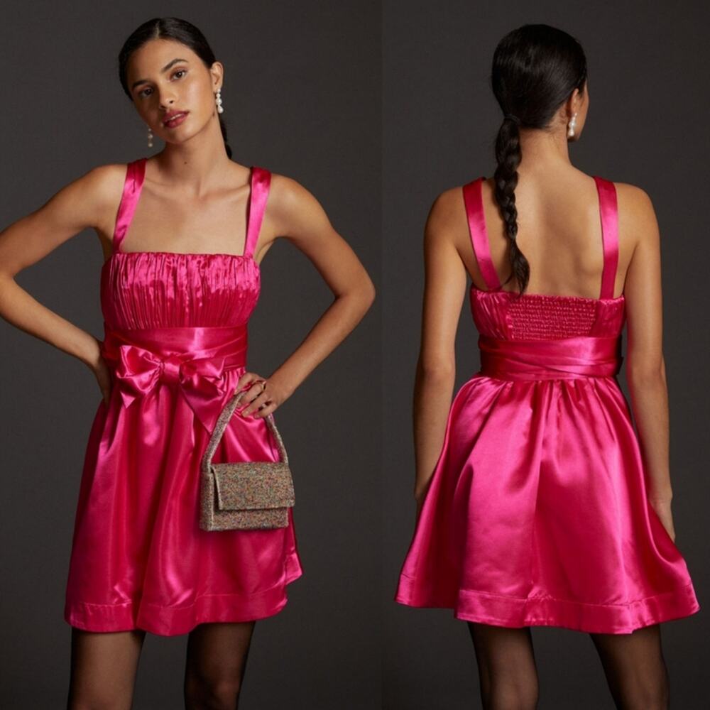 NWT Maeve Anthropologie Bow Tie Satin Mini Dress Barbie Pink